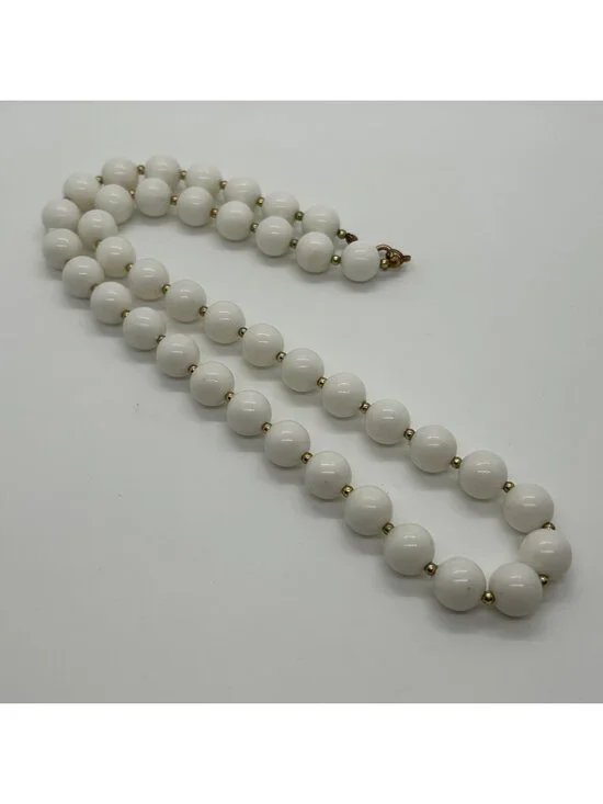 Vintage MCM White Acrylic Lucite Round Bead Necklace Gold Tone Spacer Spring Rin - Picture 1 of 10